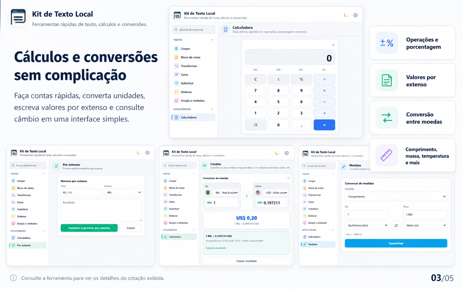 Cálculos e conversões do Kit de Texto Local