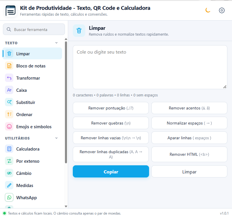 Kit de Produtividade - Texto, QR Code e Calculadora